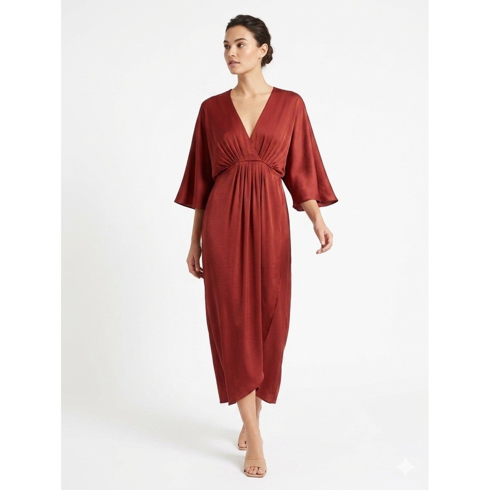 If By Sea Anthropologie Burgundy Satin Wrap Midi Dress Medium EUC Wedding Guest